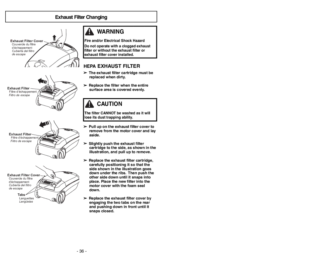 Panasonic MC-CG973 operating instructions Exhaust Filter Changing, Hepa Exhaust Filter 