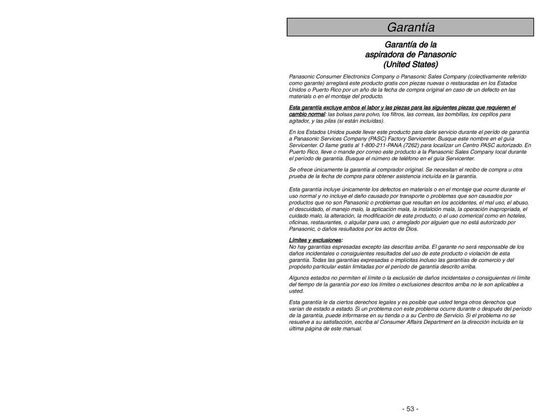 Panasonic MC-CG973 operating instructions Información para el consumidor, Nuestro Consumidor Estimado 