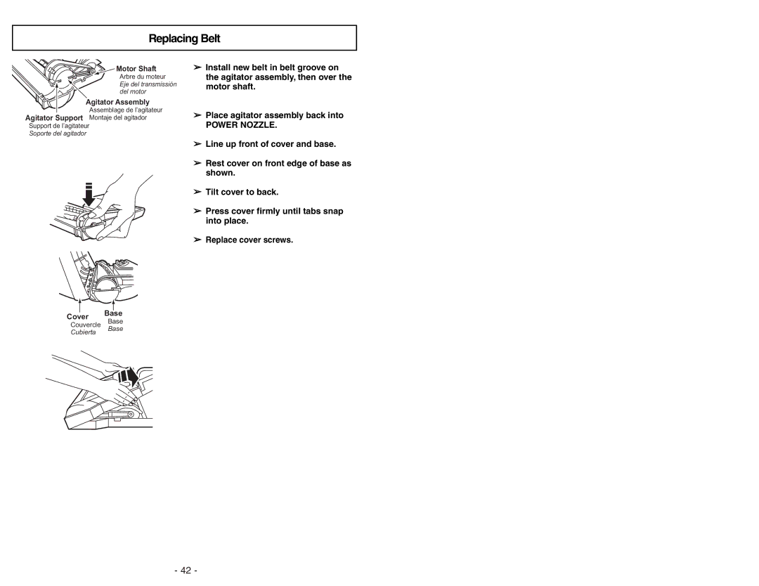 Panasonic MC-CG973 operating instructions Replacing Belt, Motor Shaft Arbre du moteur Eje del transmissión del motor 