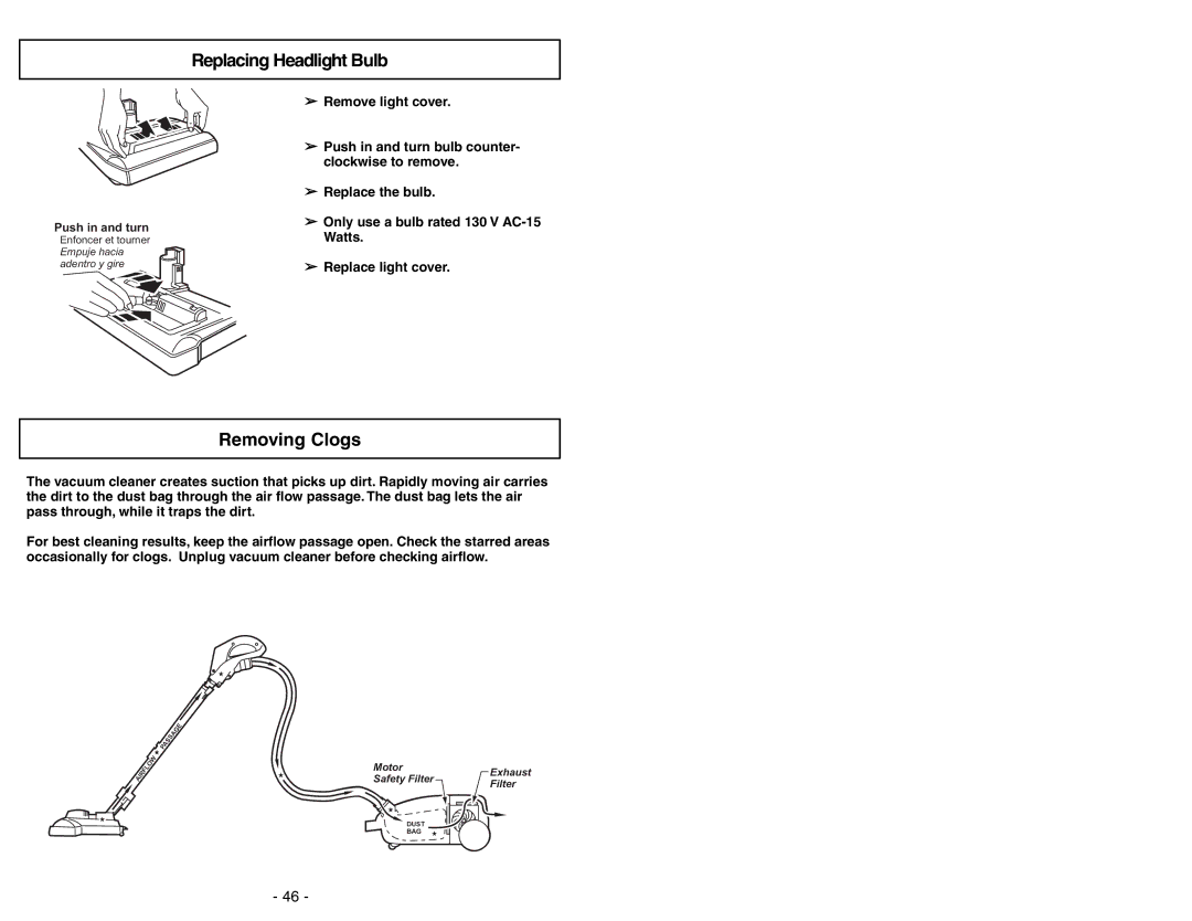 Panasonic MC-CG973 operating instructions Replacing Headlight Bulb, Removing Clogs 