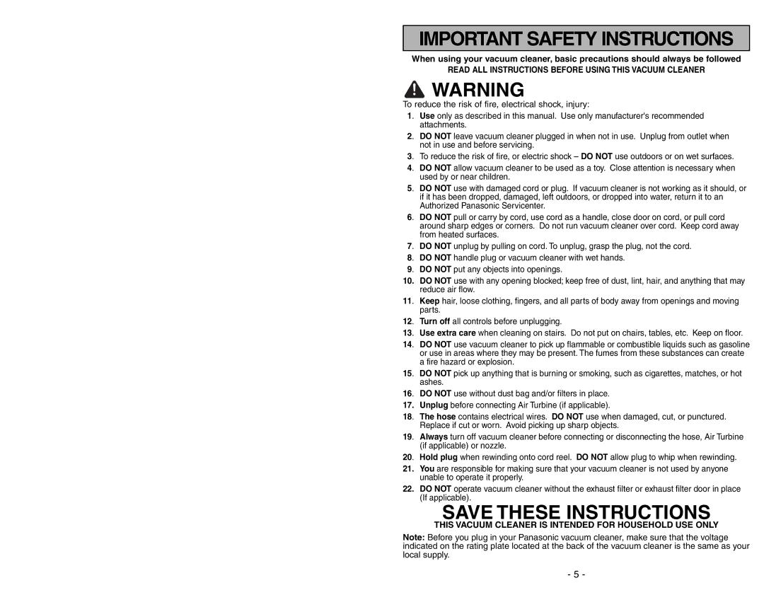 Panasonic MC-CG973 operating instructions Important Safety Instructions 