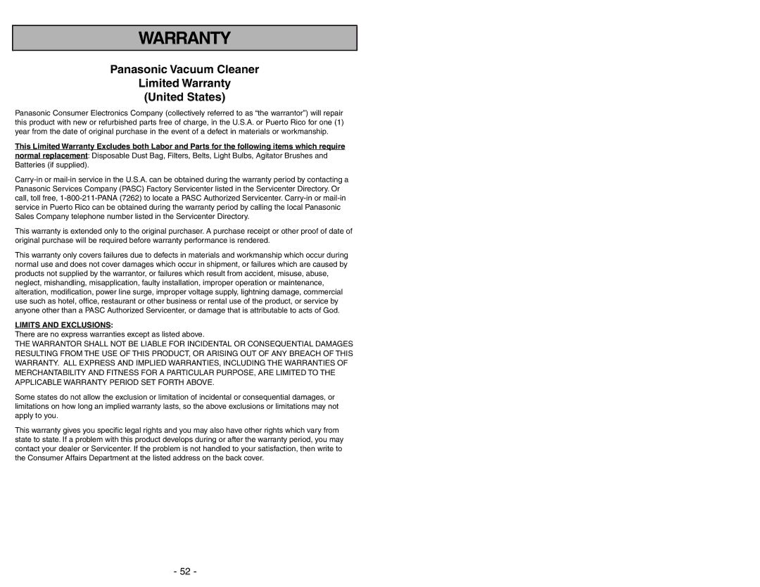 Panasonic MC-CG973 operating instructions Panasonic Vacuum Cleaner Limited Warranty United States 