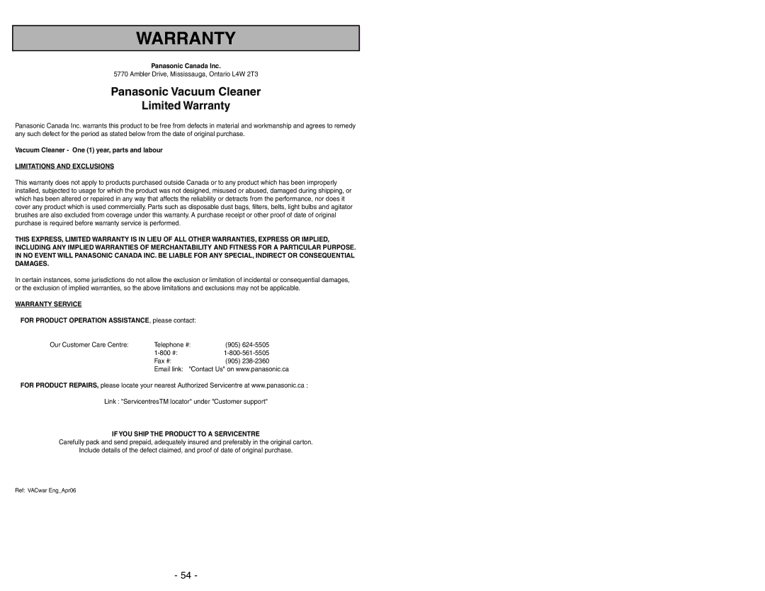 Panasonic MC-CG973 operating instructions Panasonic Vacuum Cleaner, Limited Warranty 