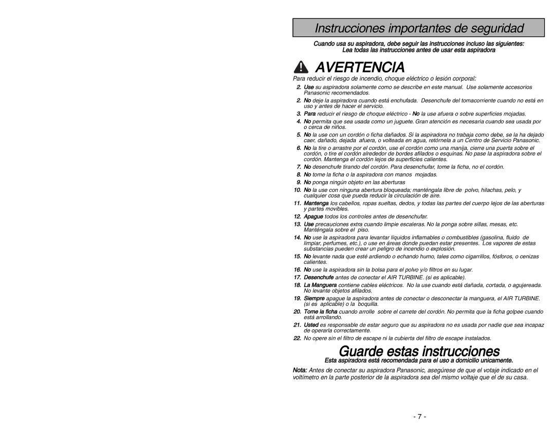 Panasonic MC-CG973 operating instructions Avertencia, Instrucciones importantes de seguridad 