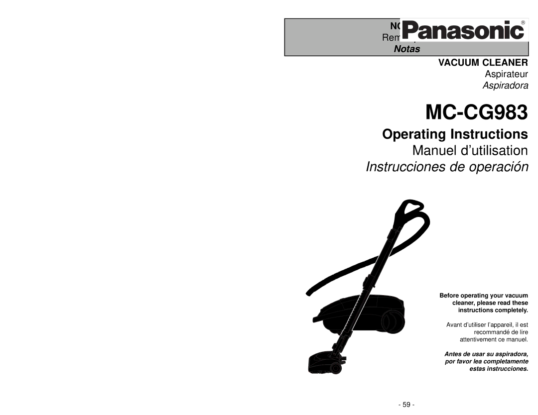 Panasonic MC-CG983 manuel dutilisation Consumer Information, To OUR Valued Customer 