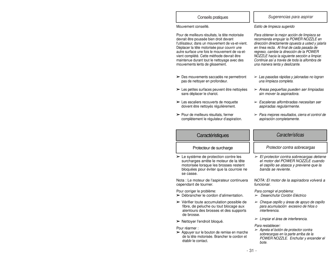 Panasonic MC-CG983 Conseils pratiques, Sugerencias para aspirar, Características, Protecteur de surcharge 