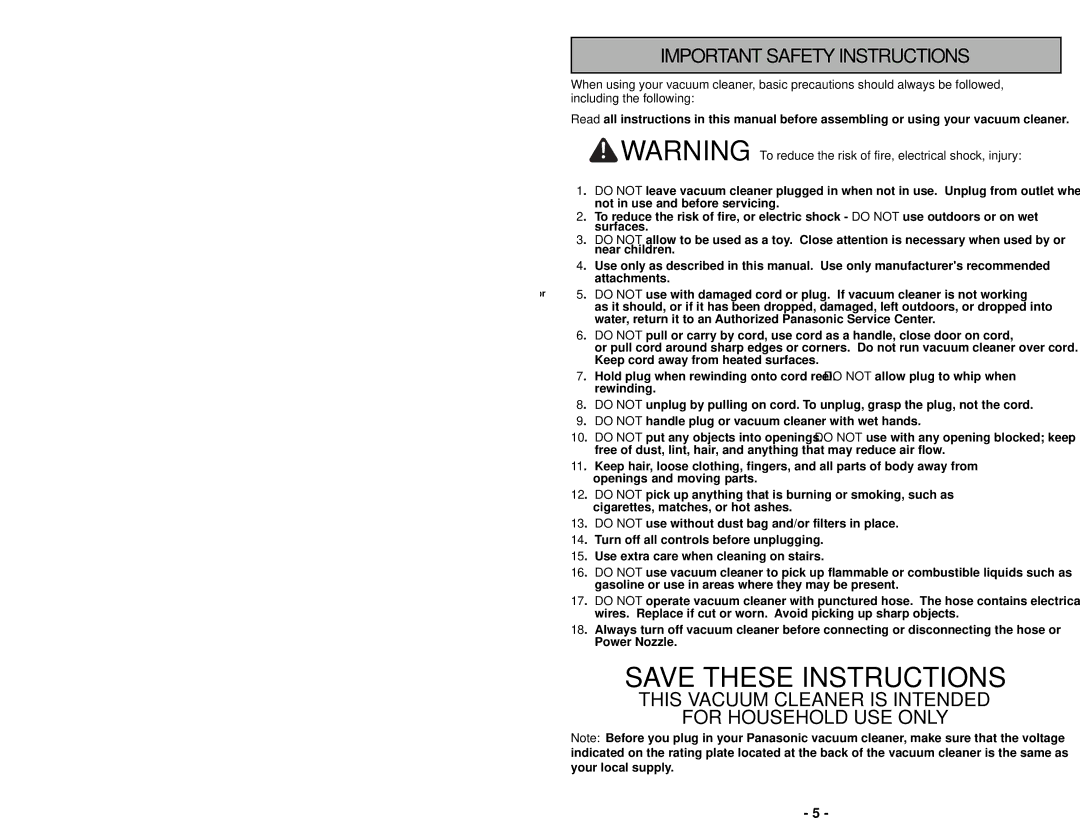 Panasonic MC-CG983 Important Safety Instructions, This Vacuum Cleaner is Intended For Household USE only 