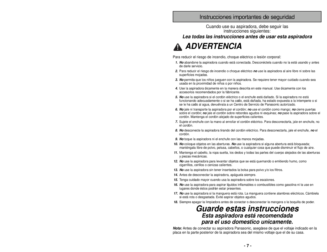 Panasonic MC-CG983 manuel dutilisation Advertencia 