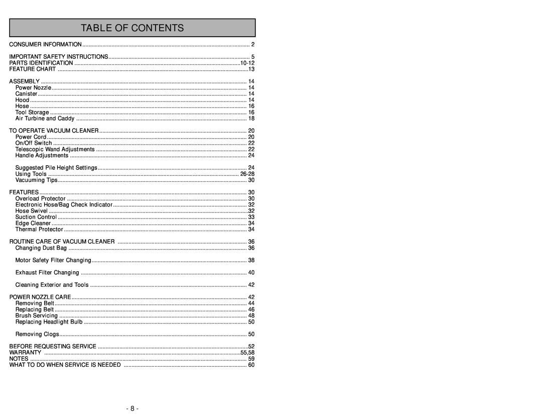 Panasonic MC-CG983 manuel dutilisation Table Of Contents, Parts Identification, 10-12, 26-28, Warranty, 55,58 