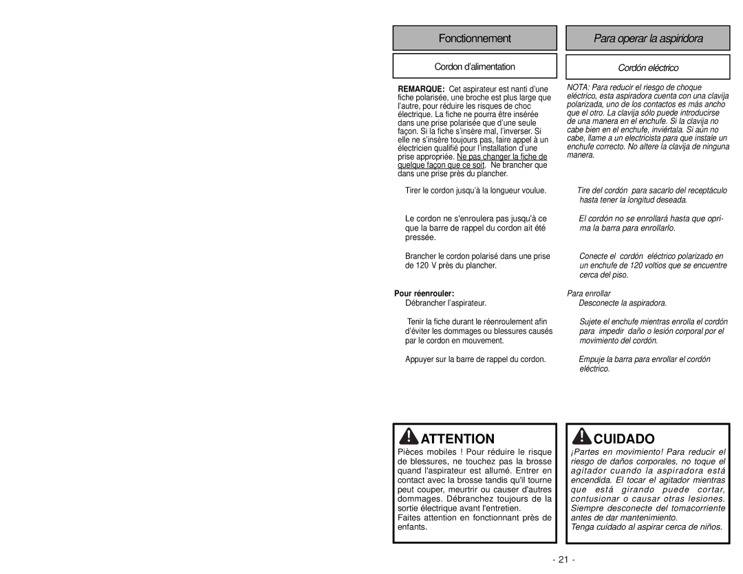 Panasonic MC-CG985 operating instructions Cuidado, Cordón eléctrico 