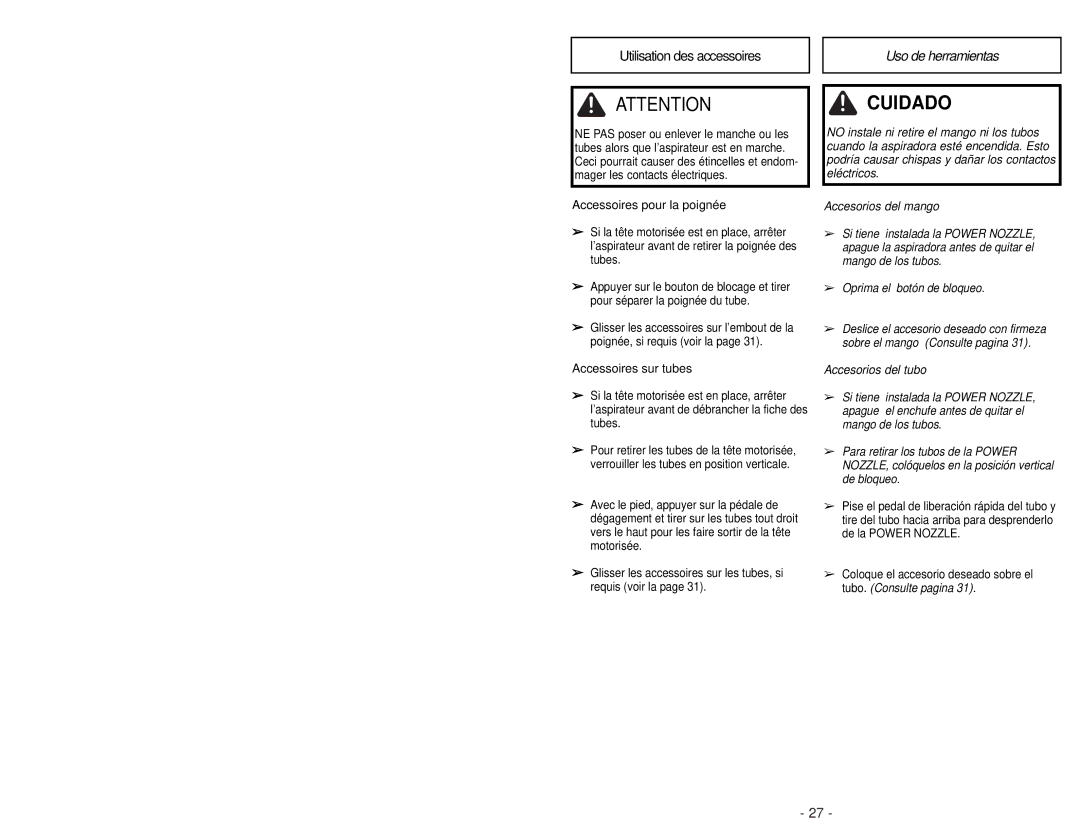 Panasonic MC-CG985 operating instructions Uso de herramientas, Accessoires pour la poignée 