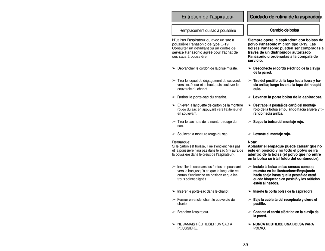 Panasonic MC-CG985 operating instructions Entretien de l’aspirateur, Cambio de bolsa 