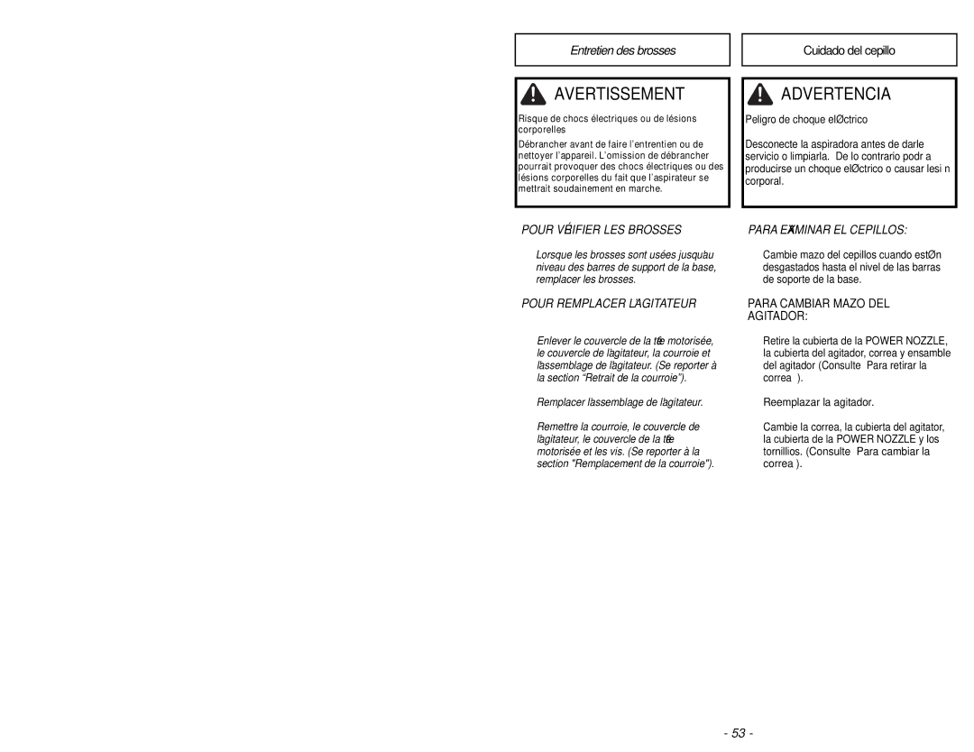 Panasonic MC-CG985 operating instructions Cuidado del cepillo, Risque de chocs électriques ou de lésions corporelles 