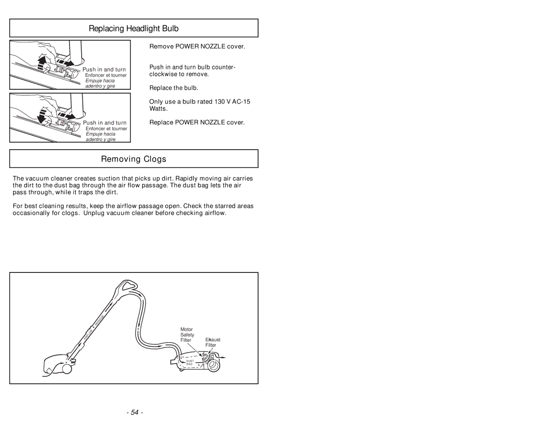 Panasonic MC-CG985 operating instructions Replacing Headlight Bulb, Removing Clogs 