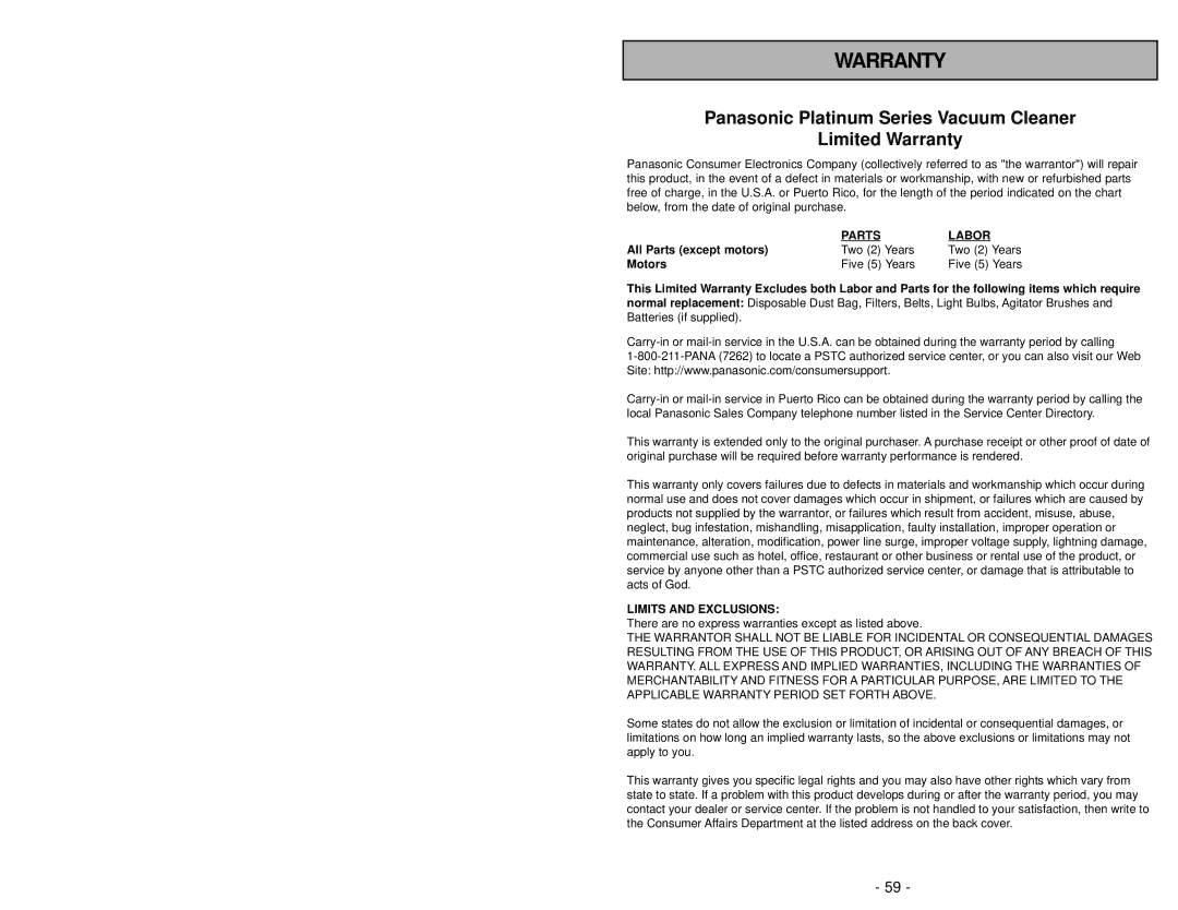 Panasonic MC-CG985 operating instructions Panasonic Platinum Series Vacuum Cleaner Limited Warranty 