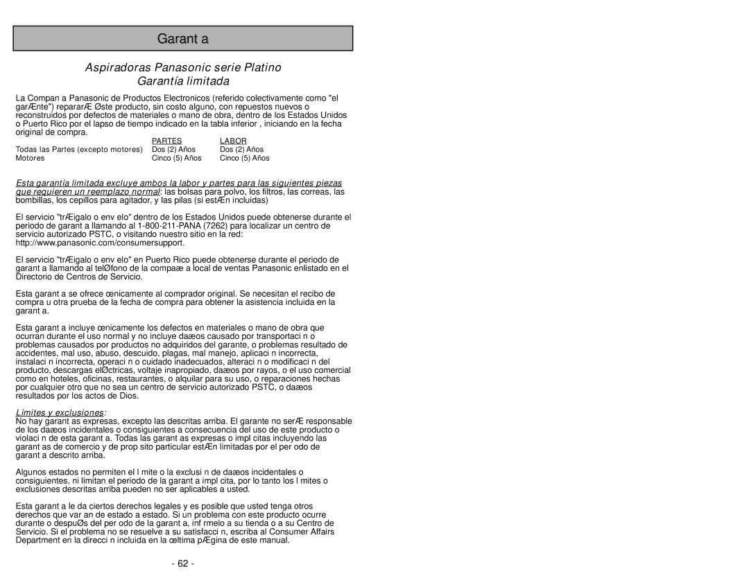 Panasonic MC-CG985 operating instructions Garantía 