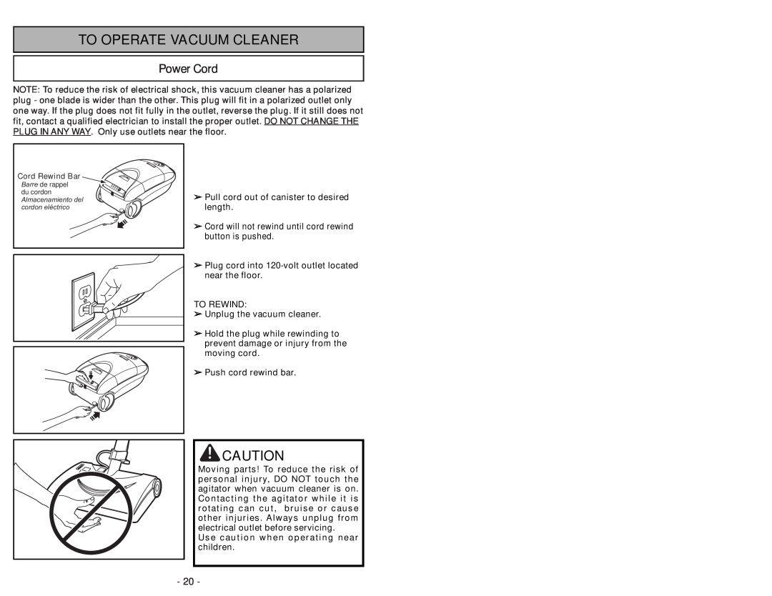 Panasonic MC-CG985 operating instructions To Operate Vacuum Cleaner, Power Cord 
