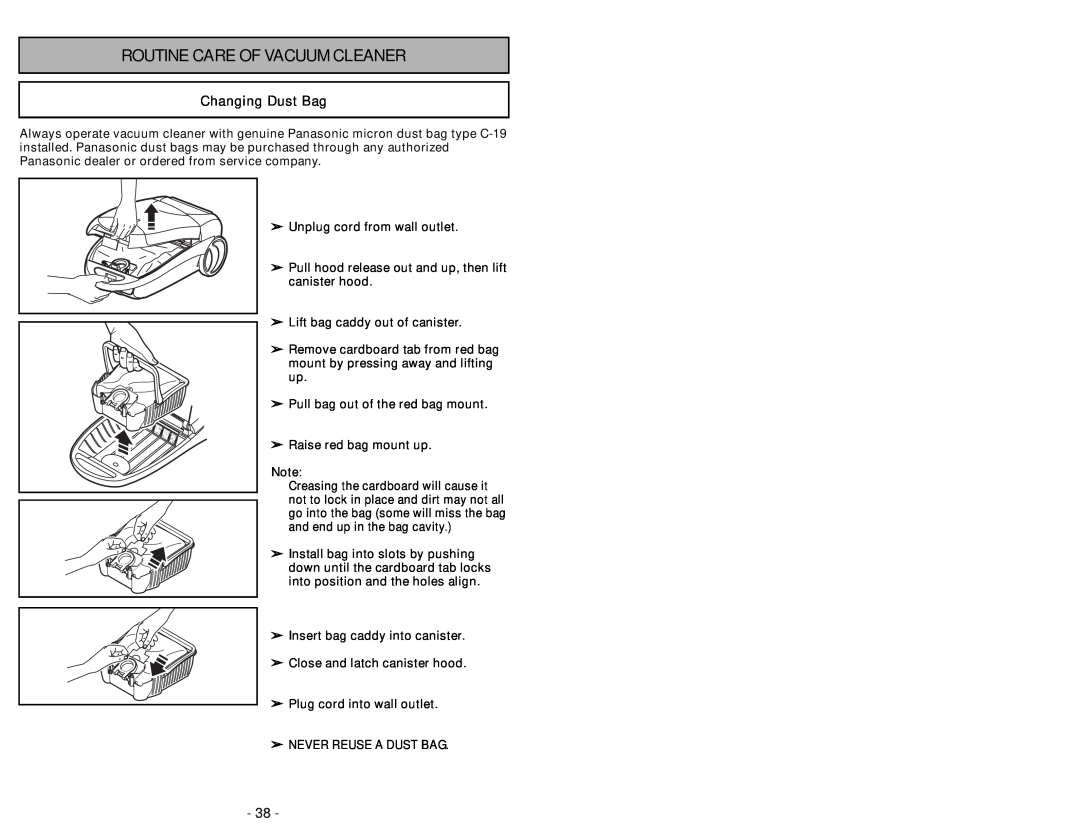 Panasonic MC-CG985 operating instructions Routine Care Of Vacuum Cleaner, Changing Dust Bag 