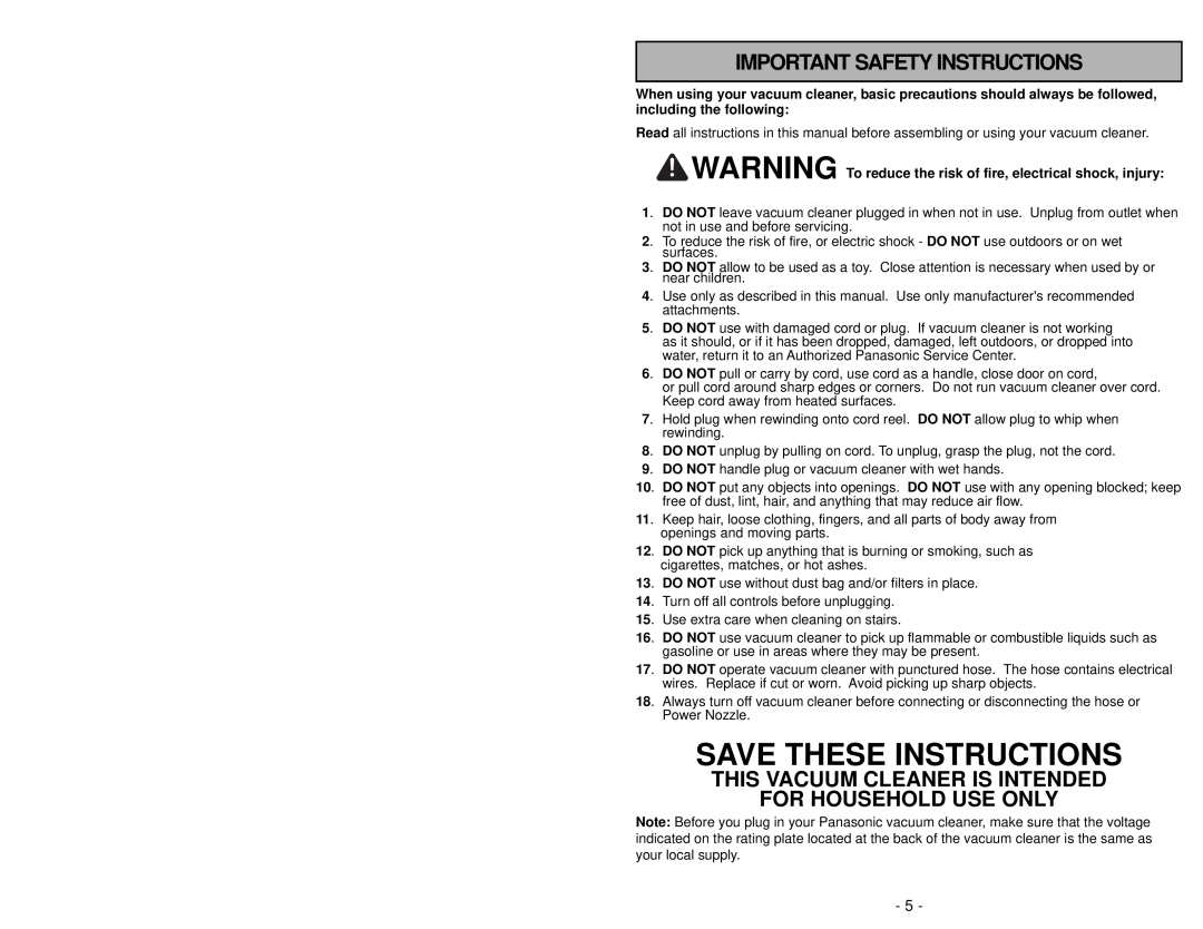Panasonic MC-CG985 Save These Instructions, Important Safety Instructions, This Vacuum Cleaner Is Intended 