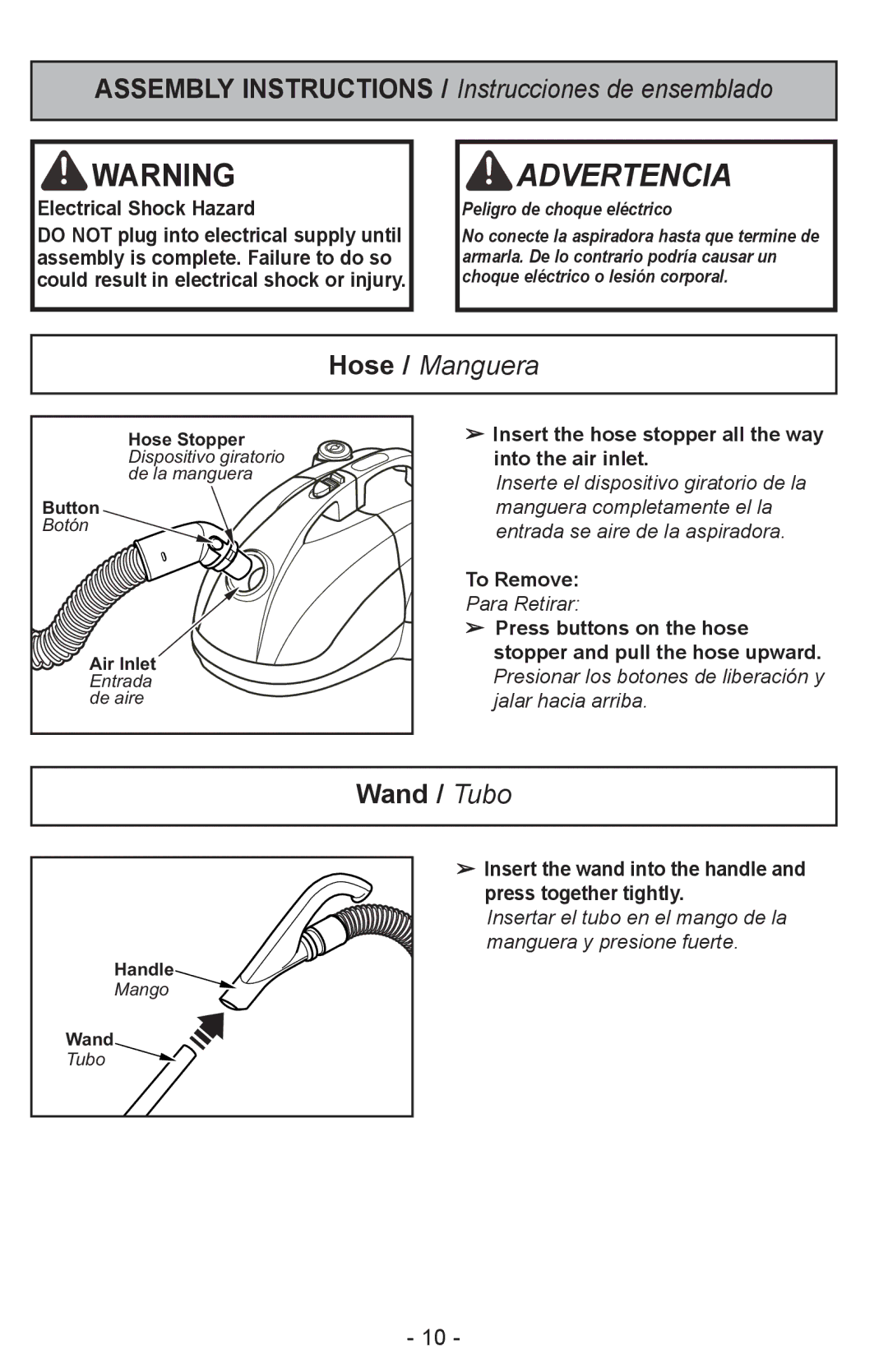 Panasonic MC-CL310 manual Assembly Instructions / Instrucciones de ensemblado, Hose / Manguera, Wand / Tubo 