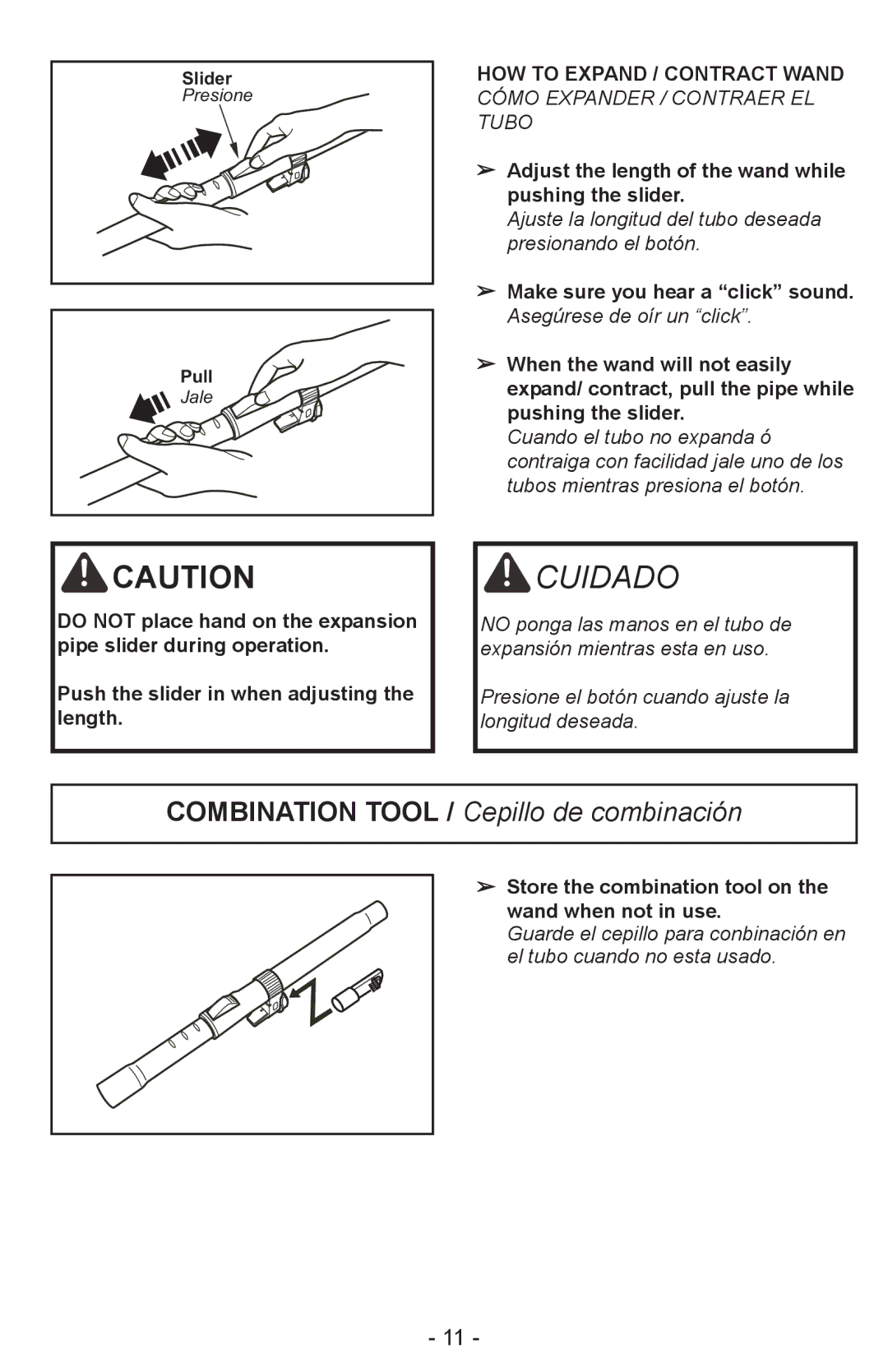 Panasonic MC-CL310 manual Combination Tool / Cepillo de combinación, HOW to Expand / Contract Wand 