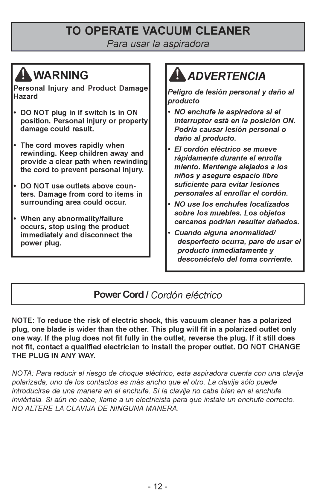 Panasonic MC-CL310 manual Para usar la aspiradora, Power Cord / Cordón eléctrico 