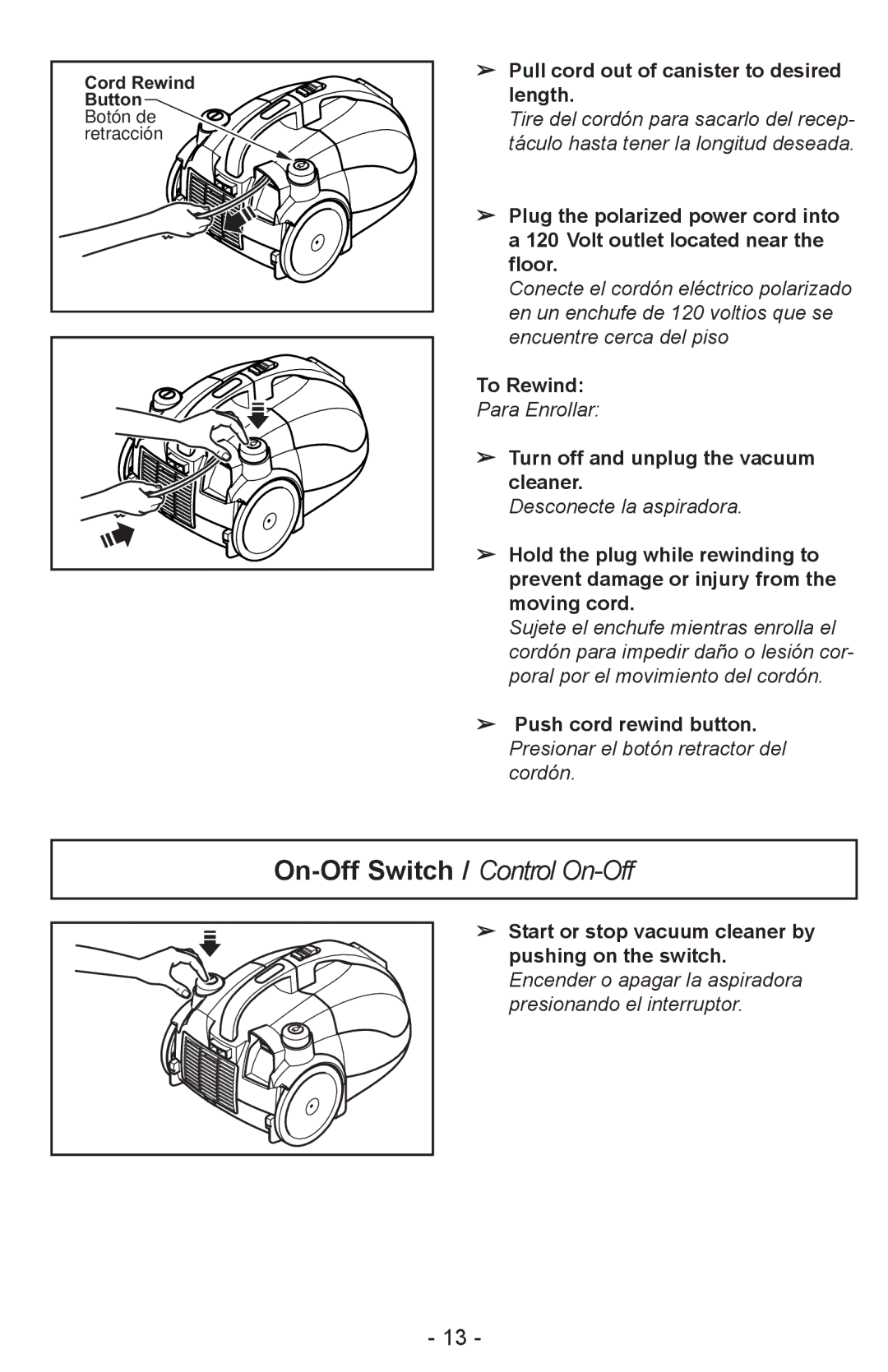 Panasonic MC-CL310 manual On-Off Switch / Control On-Off 