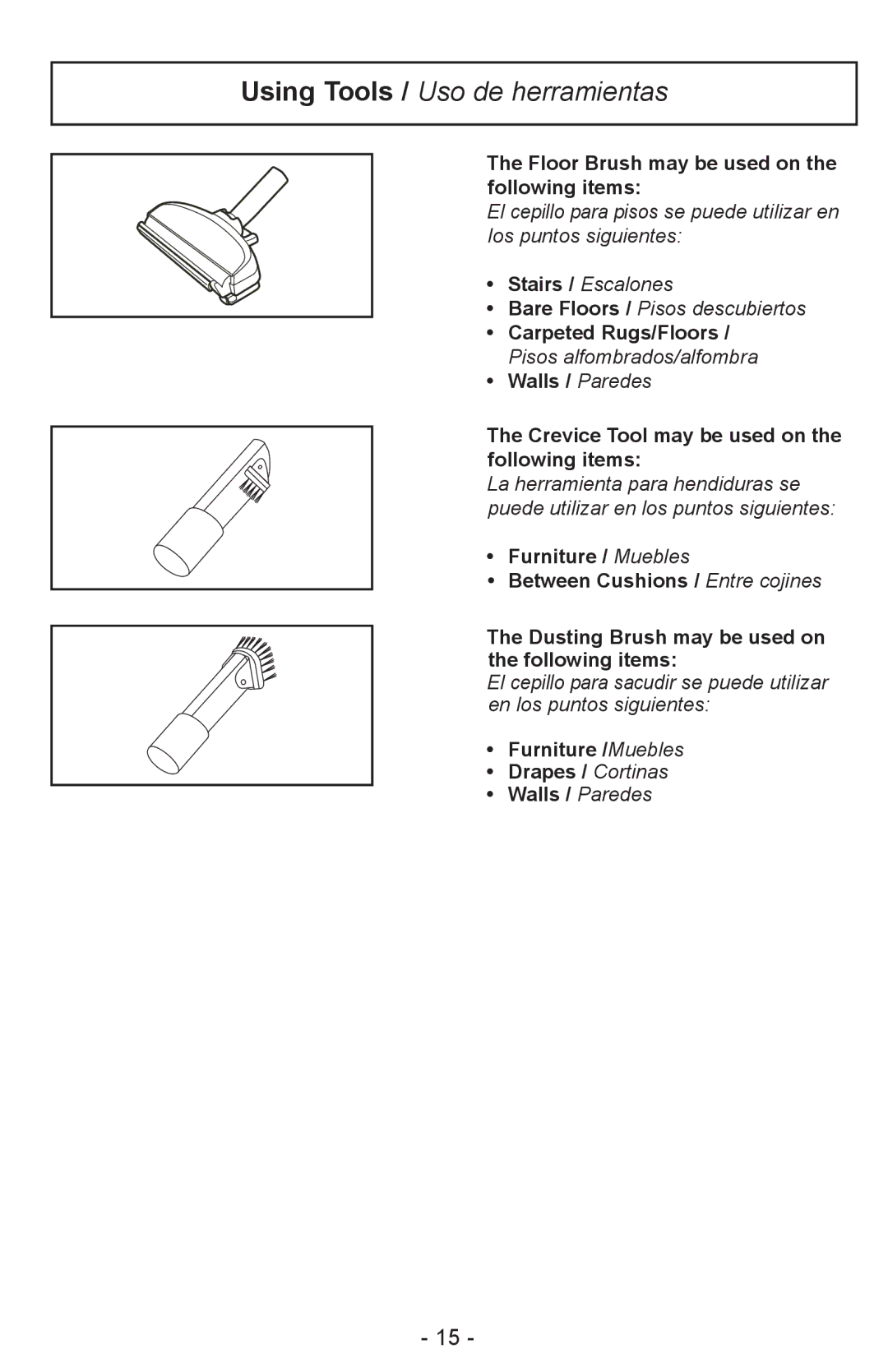 Panasonic MC-CL310 manual Using Tools / Uso de herramientas 