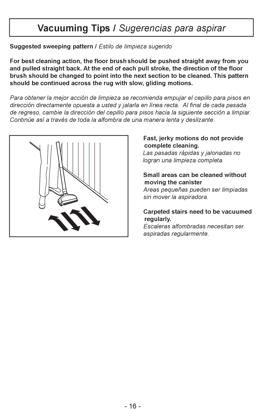 Panasonic MC-CL310 manual Vacuuming Tips / Sugerencias para aspirar 