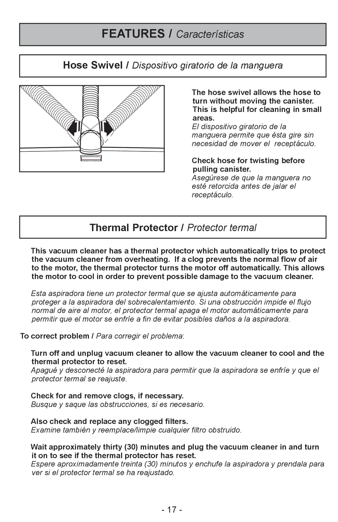 Panasonic MC-CL310 manual Features / Características, Thermal Protector / Protector termal 