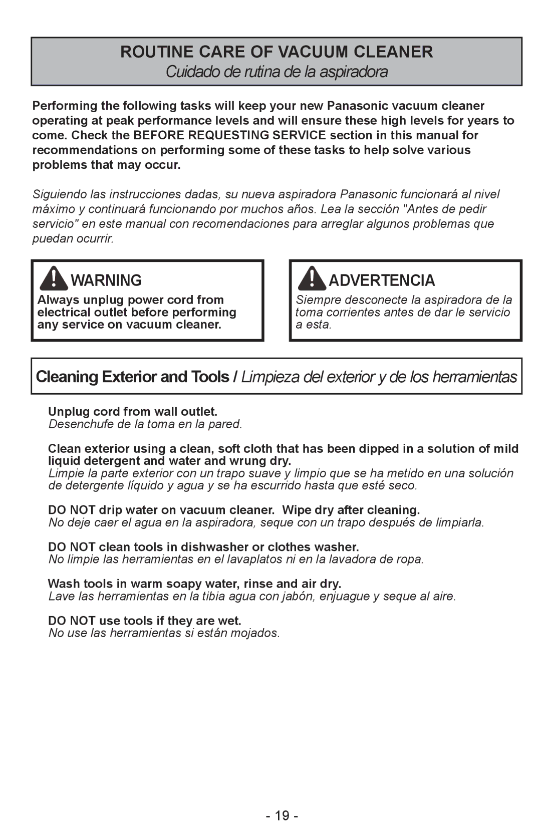 Panasonic MC-CL310 manual Routine Care of Vacuum Cleaner, Cuidado de rutina de la aspiradora, Advertencia 