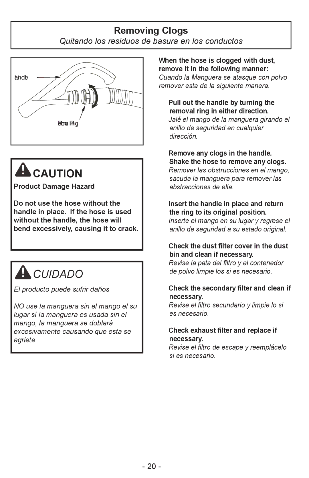 Panasonic MC-CL310 manual Removing Clogs, Quitando los residuos de basura en los conductos 