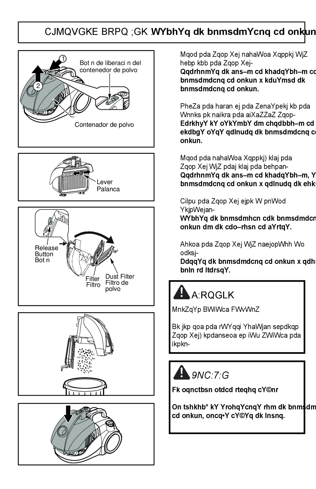 Panasonic MC-CL310 manual Emptying Dust BIN / Vaciar el contenador de polvo, Cuidado 