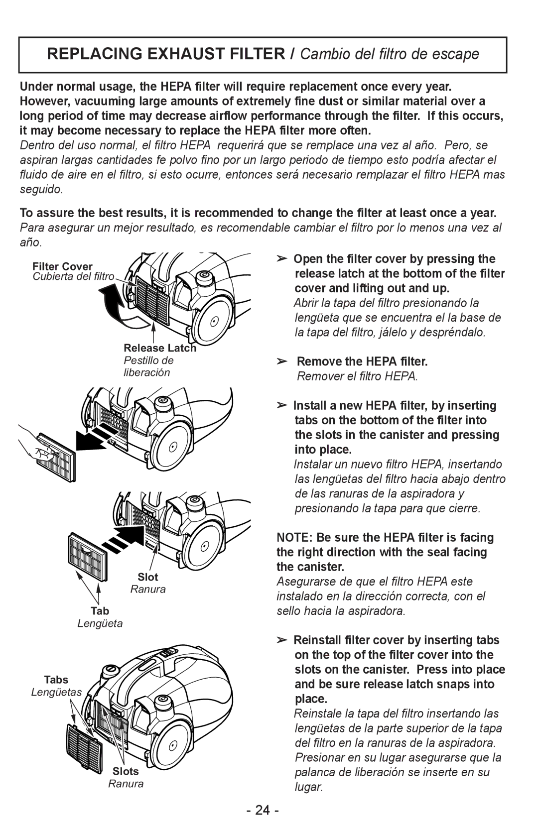 Panasonic MC-CL310 manual Replacing Exhaust Filter / Cambio del filtro de escape 