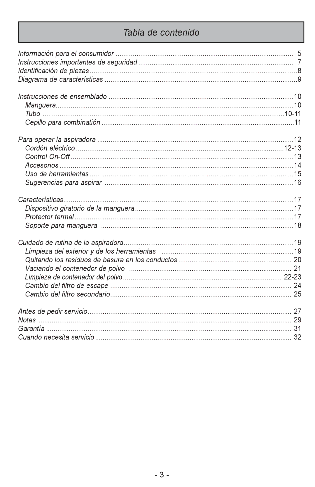 Panasonic MC-CL310 manual Tabla de contenido, Cordón eléctrico 