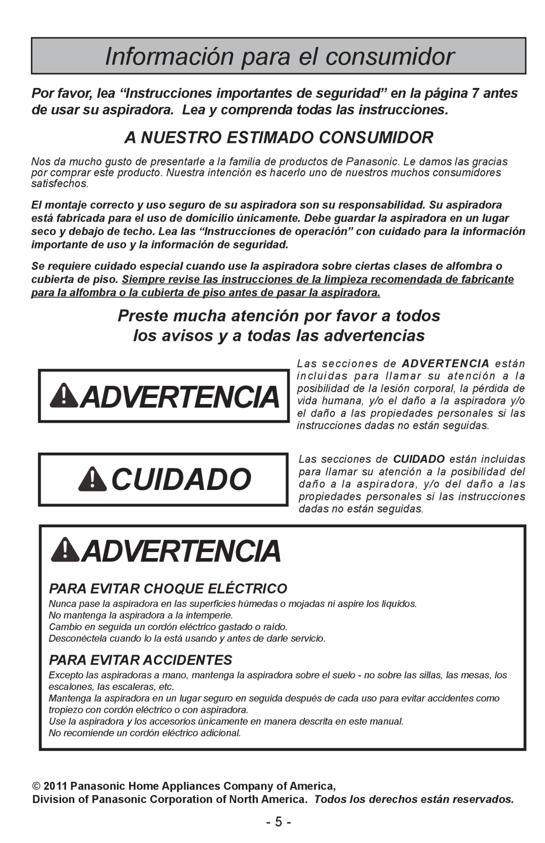 Panasonic MC-CL310 manual Advertencia Cuidado 