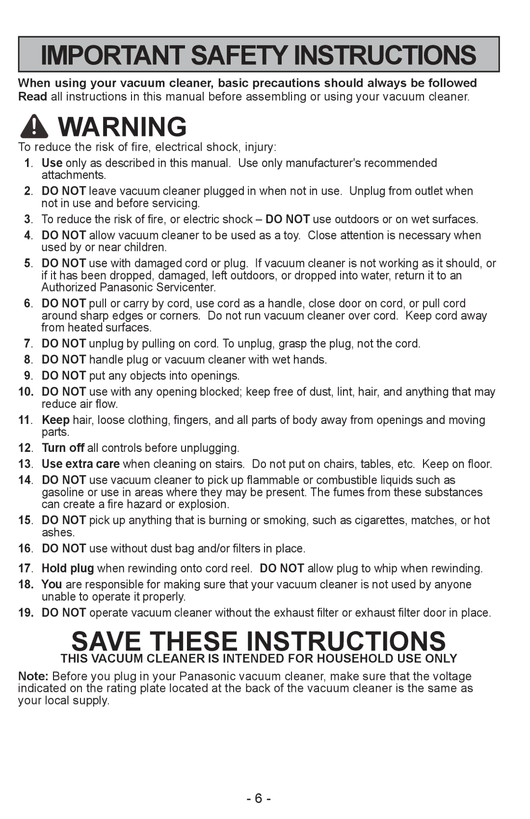 Panasonic MC-CL310 manual Important Safety Instructions 