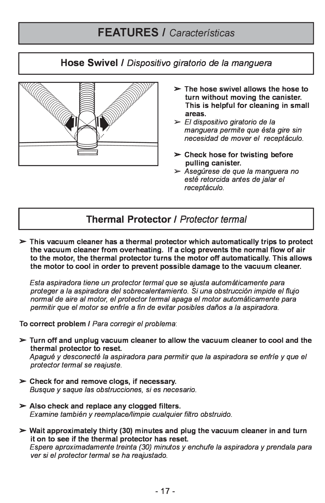 Panasonic MC-CL310 manual FEATURES / Características, Thermal Protector / Protector termal 
