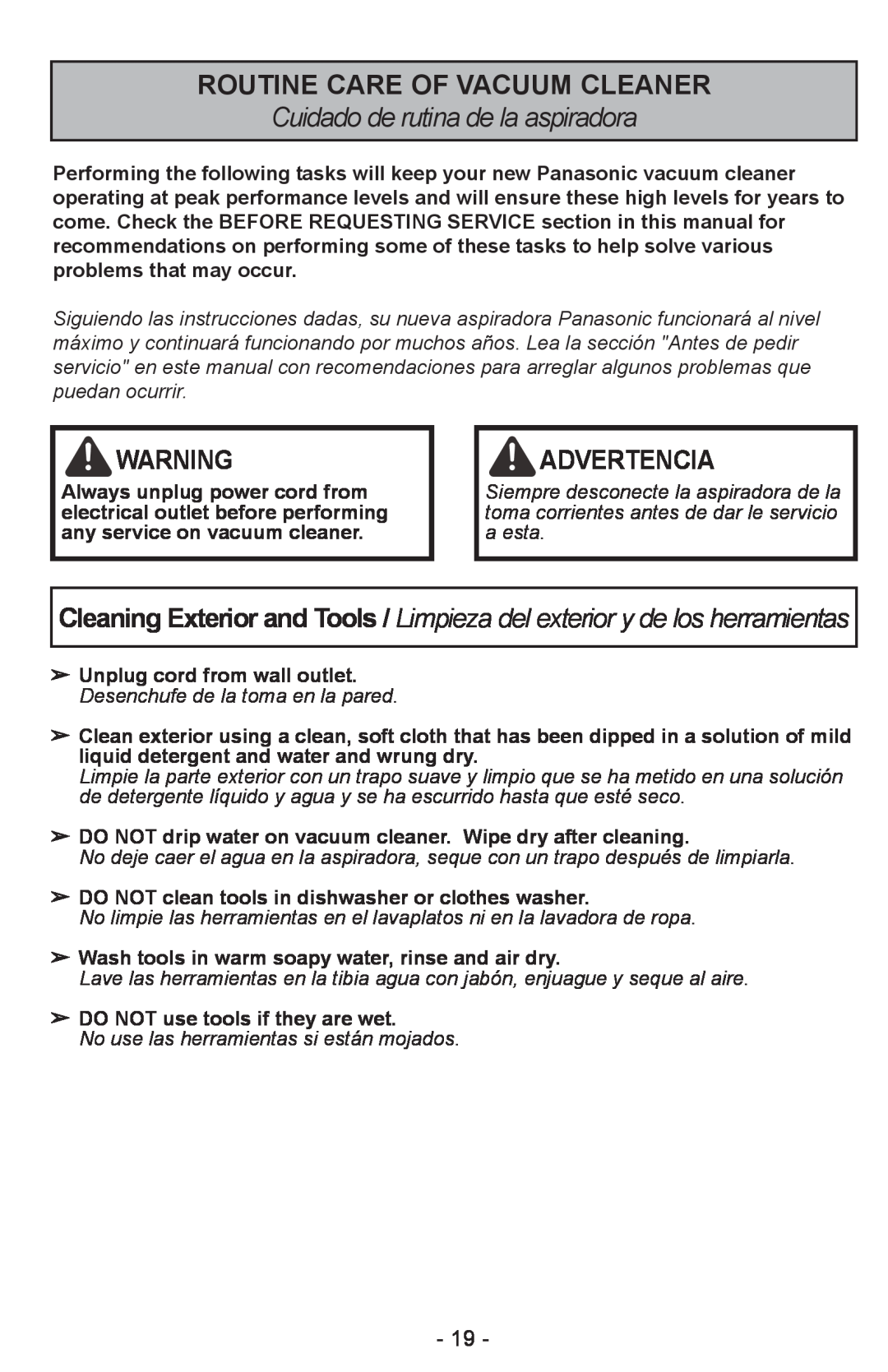 Panasonic MC-CL310 manual Routine Care Of Vacuum Cleaner, Cuidado de rutina de la aspiradora, Advertencia 