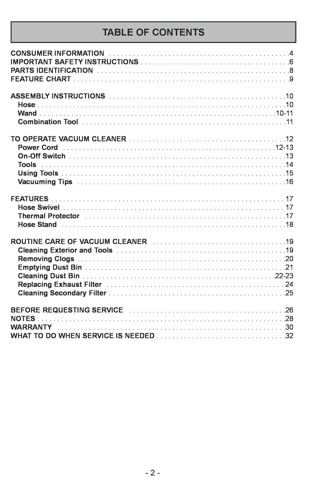 Panasonic MC-CL310 manual Table Of Contents 