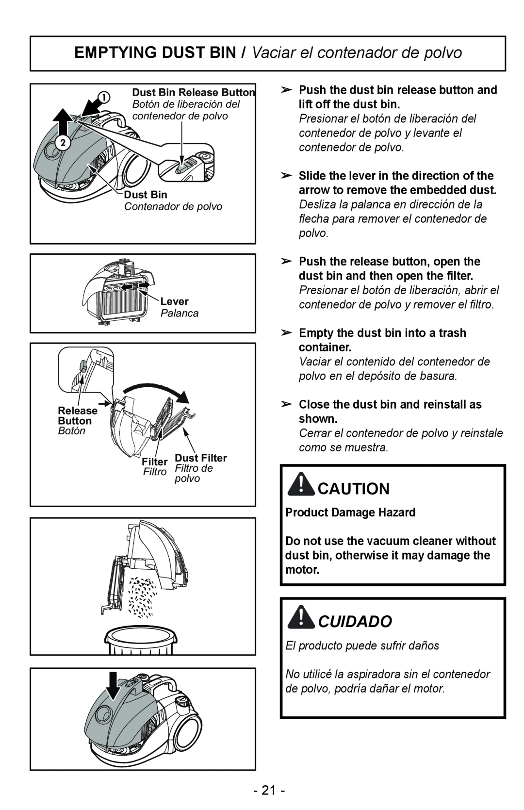 Panasonic MC-CL310 manual EMPTYING DUST BIN / Vaciar el contenador de polvo, Cuidado 