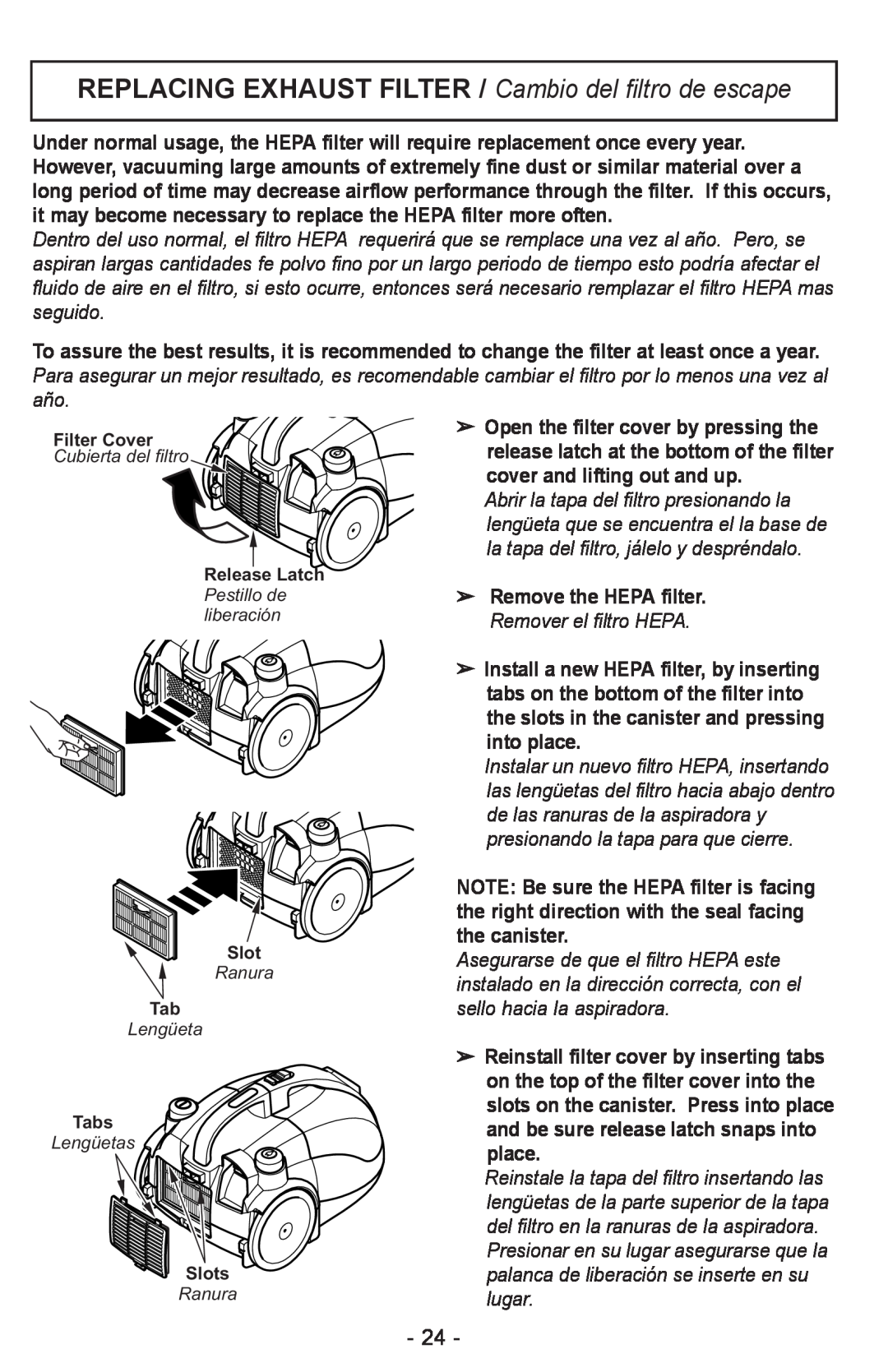 Panasonic MC-CL310 manual Remove the HEPA filter. Remover el filtro HEPA 