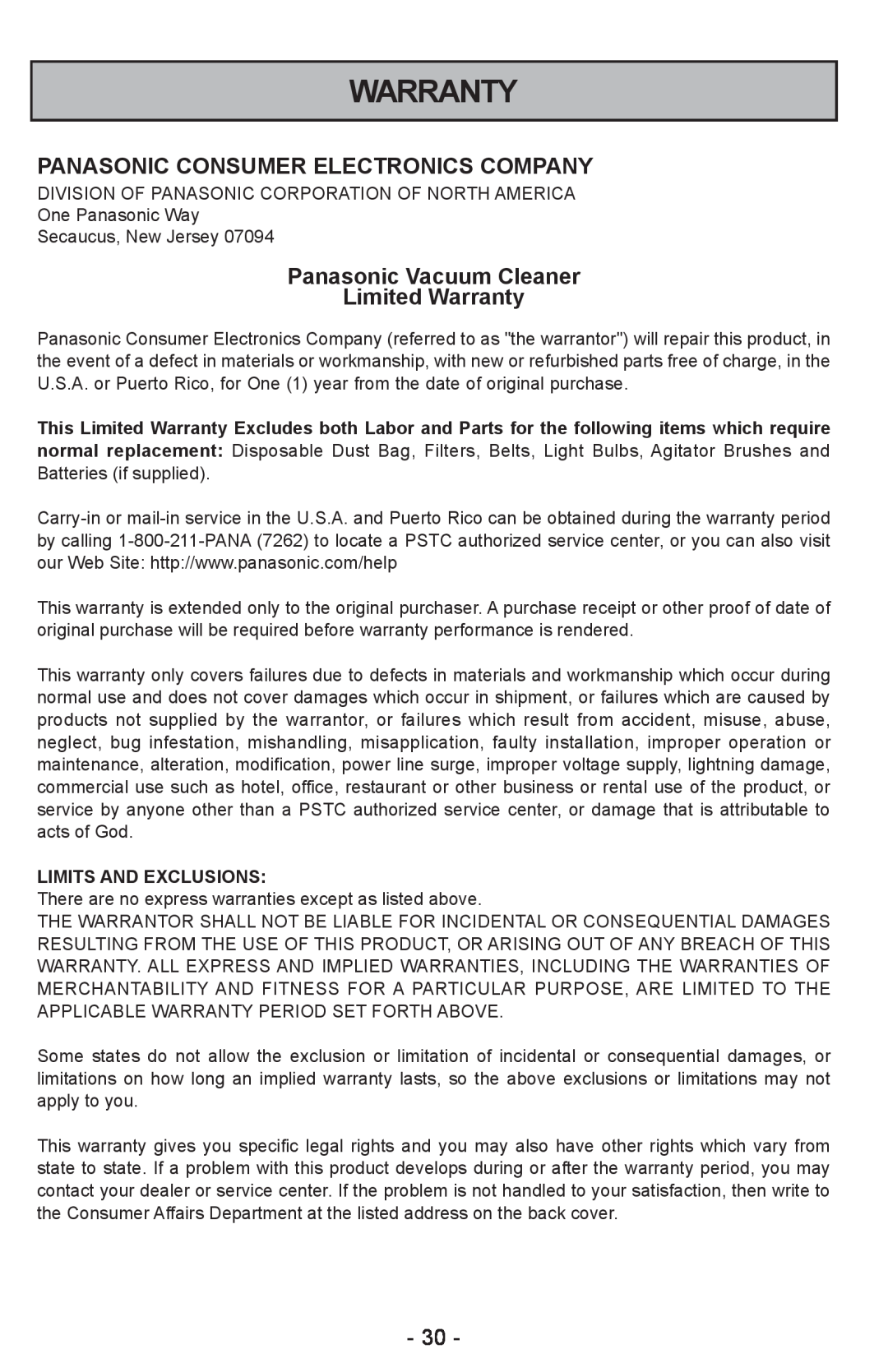 Panasonic MC-CL310 manual Panasonic Consumer Electronics Company, Panasonic Vacuum Cleaner Limited Warranty 