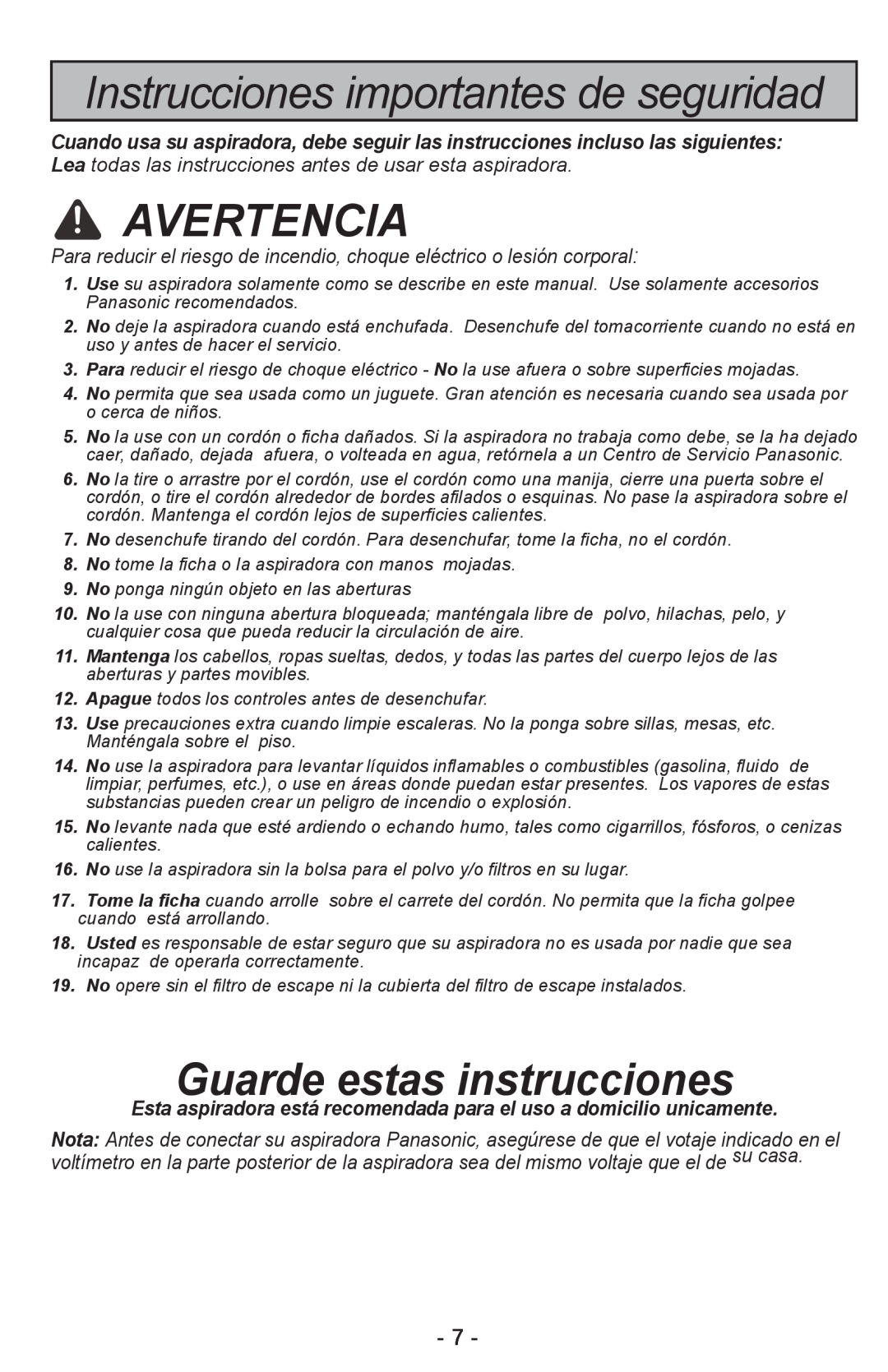 Panasonic MC-CL310 manual Instrucciones importantes de seguridad, Avertencia, Guarde estas instrucciones 