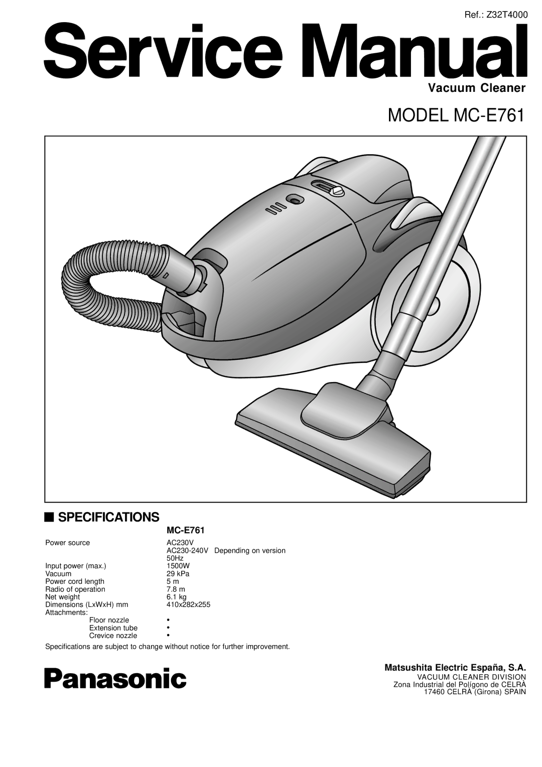 Panasonic specifications Model MC-E761 