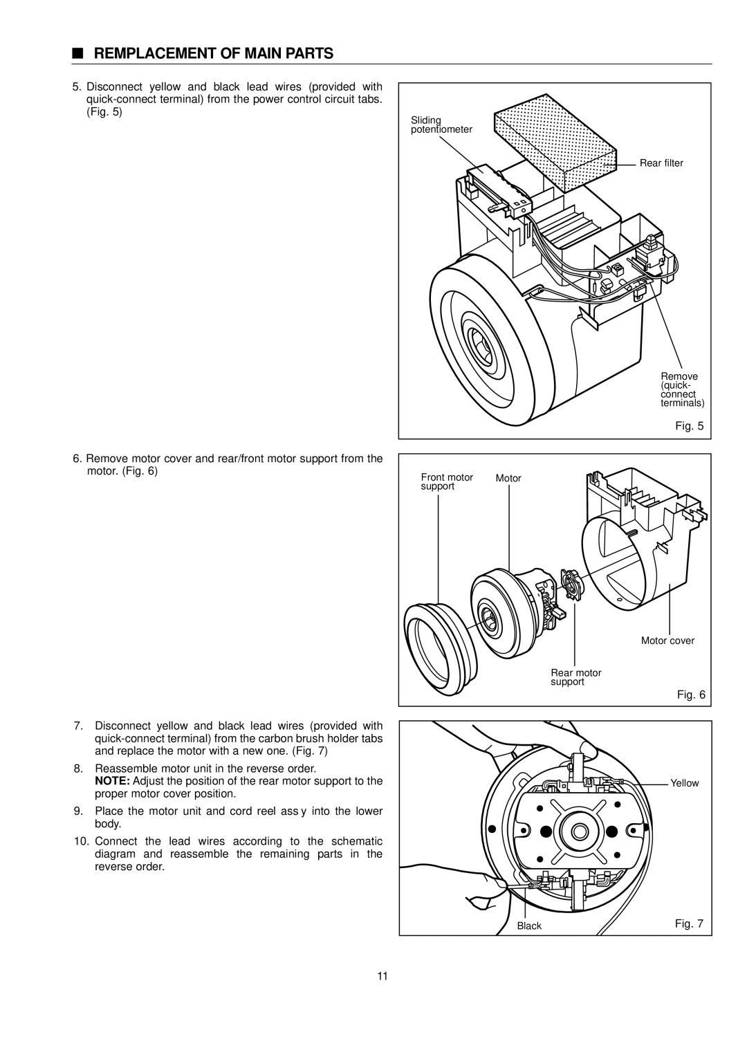 Panasonic MC-E761 specifications Remplacement of Main Parts 