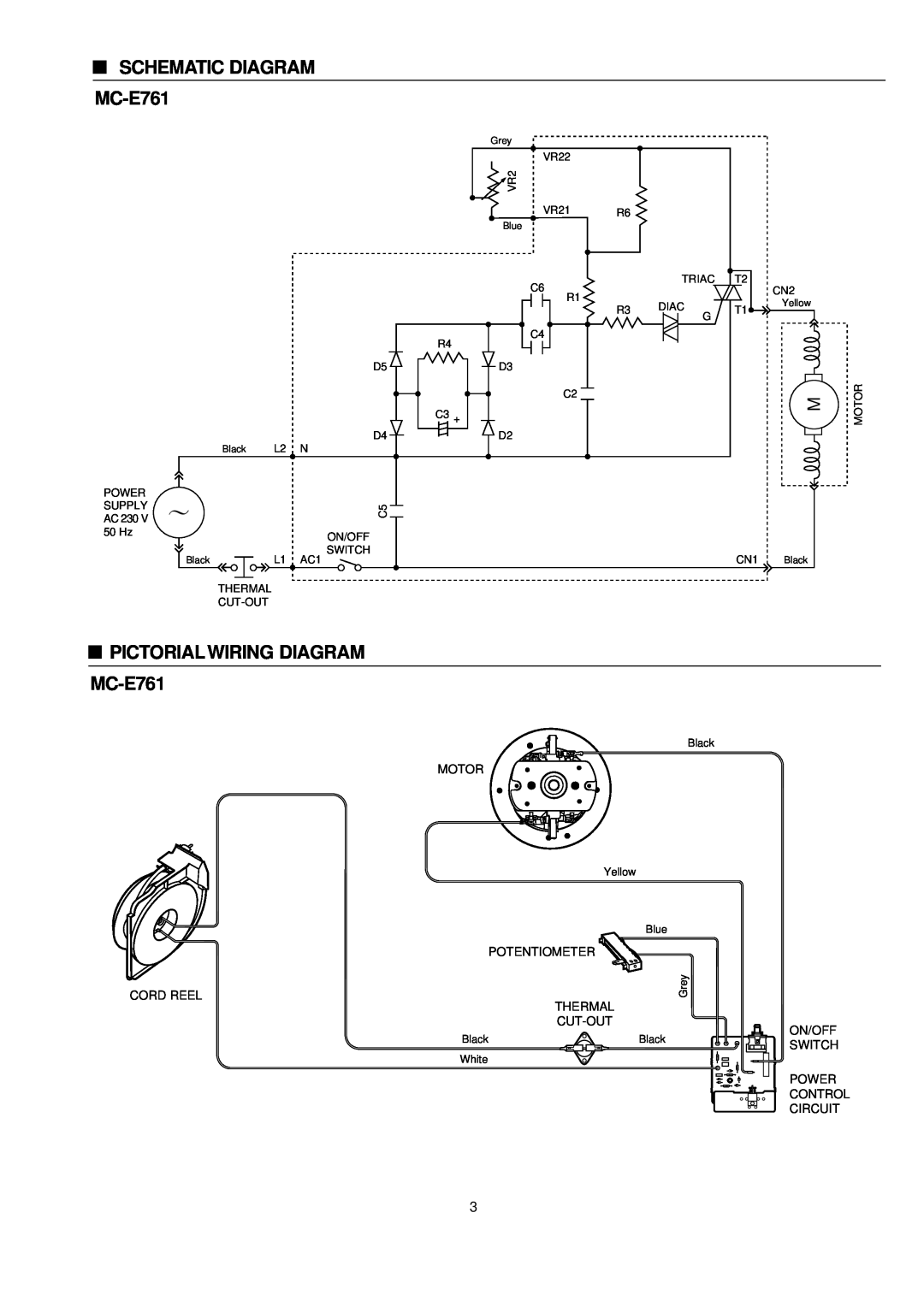 Panasonic SCHEMATIC DIAGRAM MC-E761, PICTORIALWIRING DIAGRAM MC-E761, Motor, POWER SUPPLY AC 230 V 50 Hz, On/Off Switch 