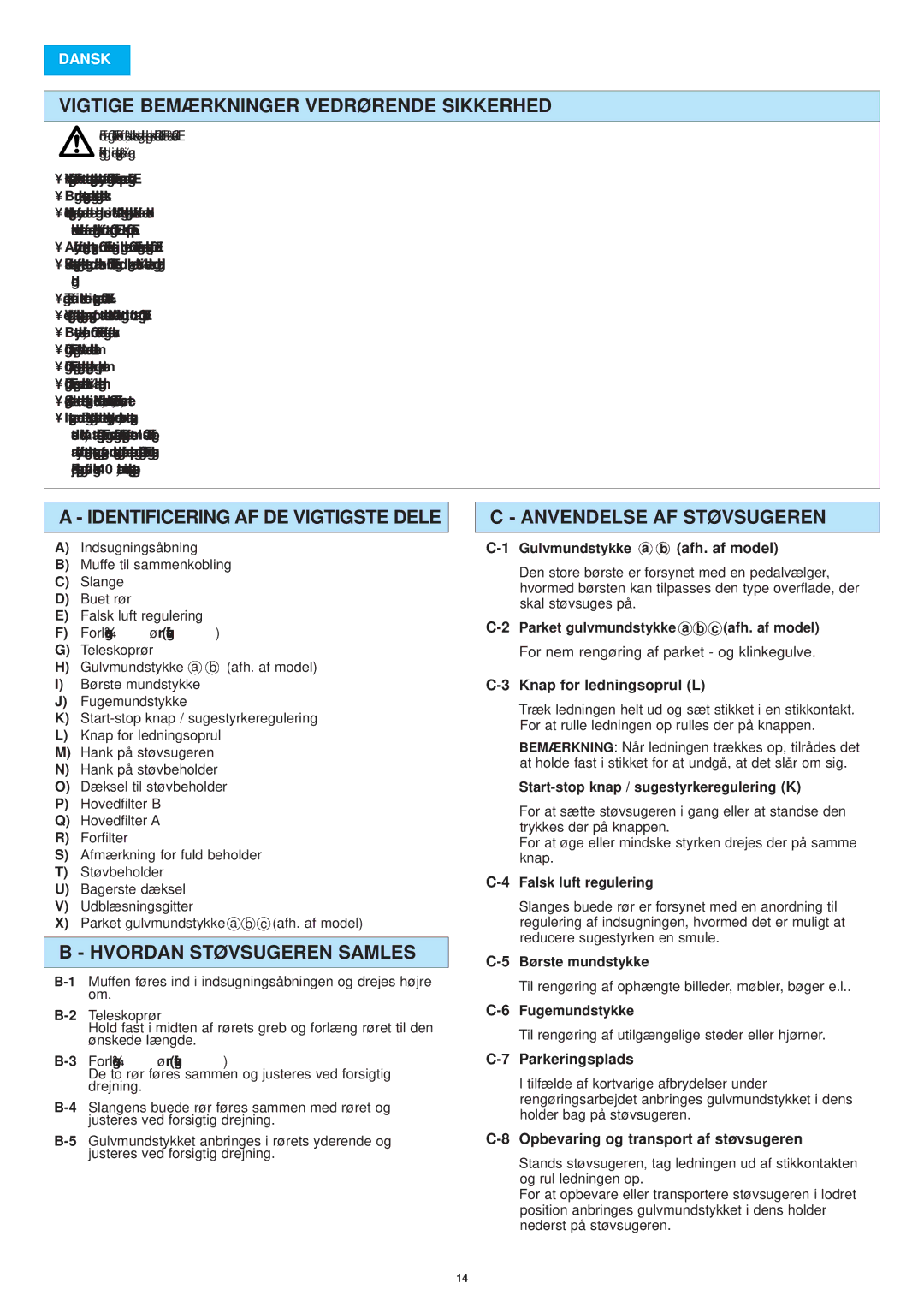 Panasonic MC-E8015 operating instructions Vigtige Bemærkninger Vedrørende Sikkerhed, Identificering AF DE Vigtigste Dele 