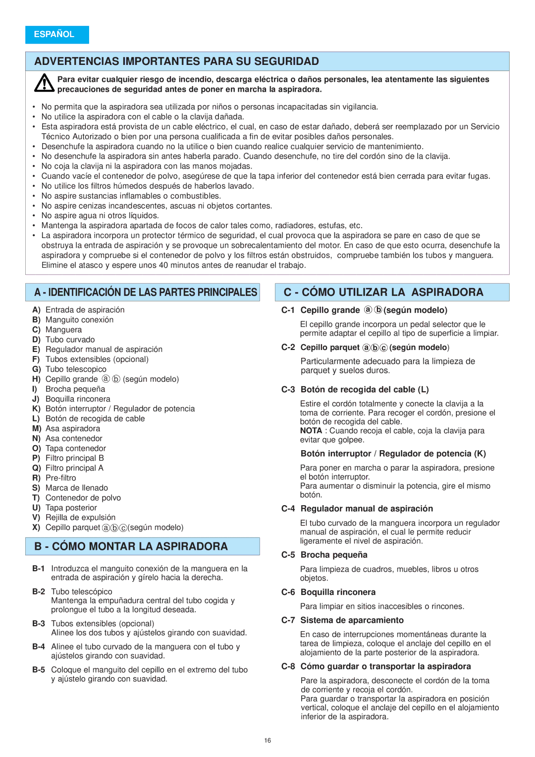 Panasonic MC-E8015 Advertencias Importantes Para SU Seguridad, Cómo Montar LA Aspiradora, Cómo Utilizar LA Aspiradora 