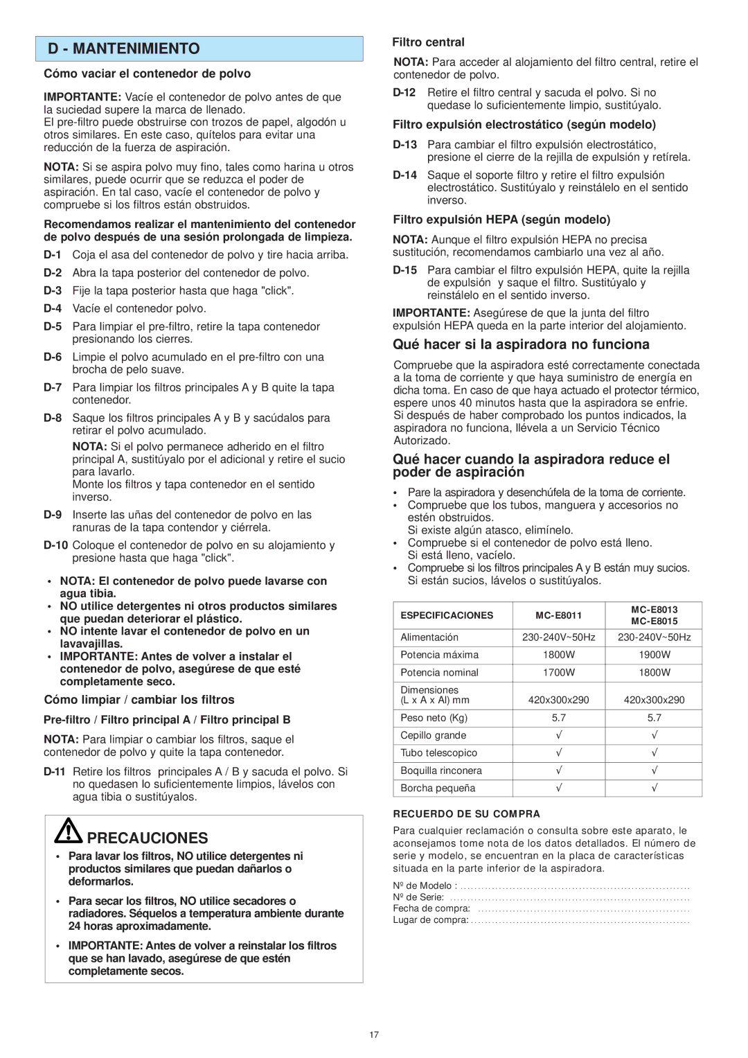 Panasonic MC-E8015 operating instructions Mantenimiento, Precauciones, Qué hacer si la aspiradora no funciona 